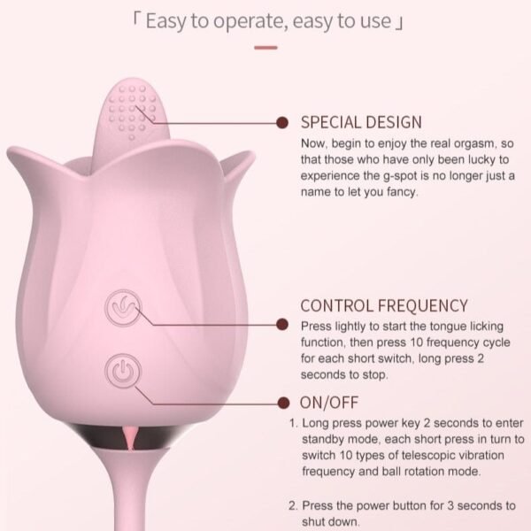 3-in-1 Blooming Pink Rose Vibrator Toy with Rotating Pearls & Telescopic Tongue Licking